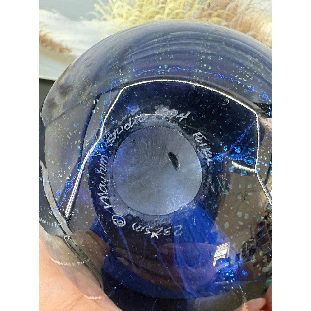 Maytum Studio 1994 Iridescent Art Glass Paperweight Oil Lamp  Blue Green